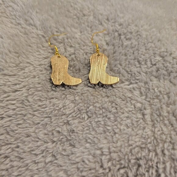 Cowgirl Boot Cow Print Earrings Gold Tone Black White Western Rodeo Dangle E18E - Picture 3 of 3